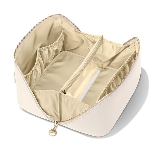 MSTONAL Travel Makeup Bag, Large Capacity Cosmetic Bags for Women, Waterproof Portable Pouch Open Flat Make up Organizer Bag with Dividers and Handle, Toiletry Bag for Essentials, Medium Size, Beige