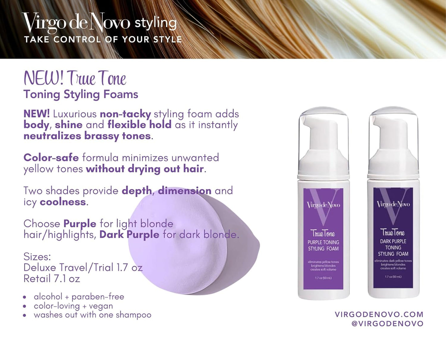True Tone Dark Purple Toning Foam - Brightens Blonde Hair & Eliminates Brassy Tones - 1.7 oz