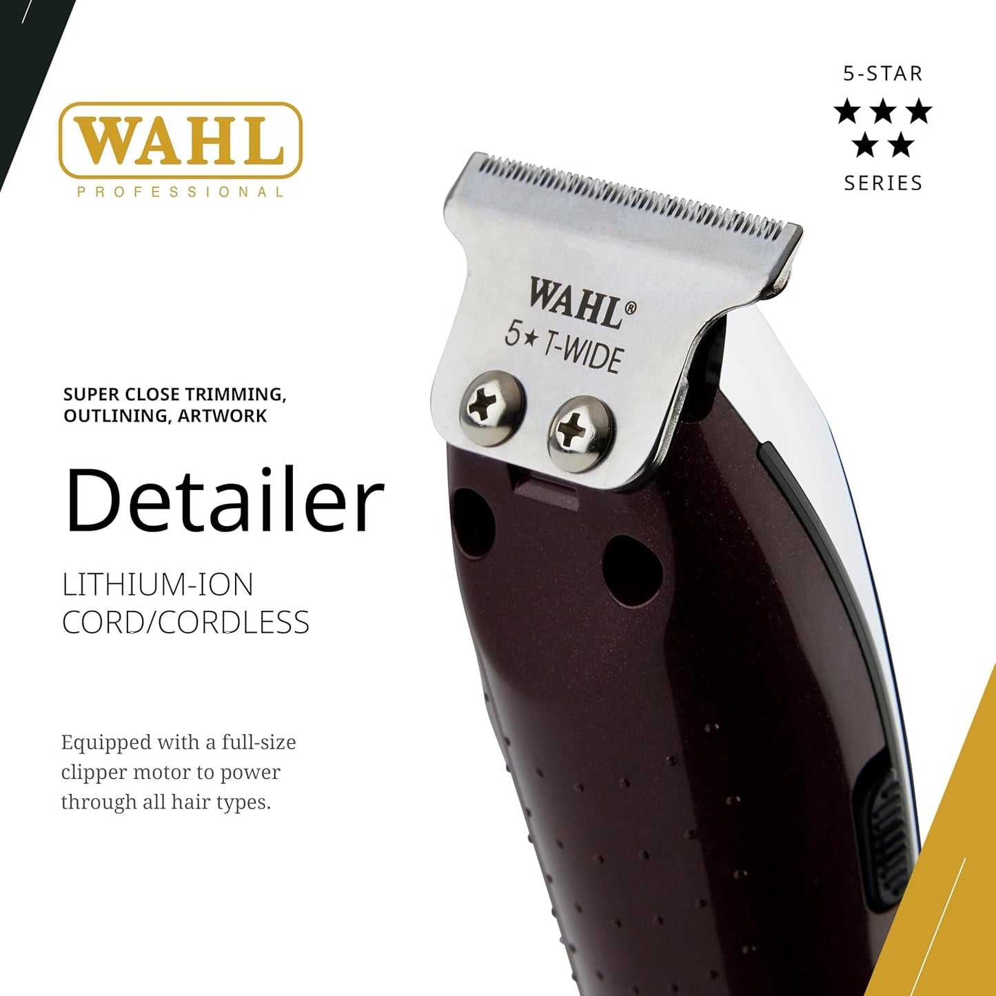 Wahl Professional 5 Star Cordless Detailer Li Trimmer - T Wide Blade, 100 Min Runtime, Charging Stand Included