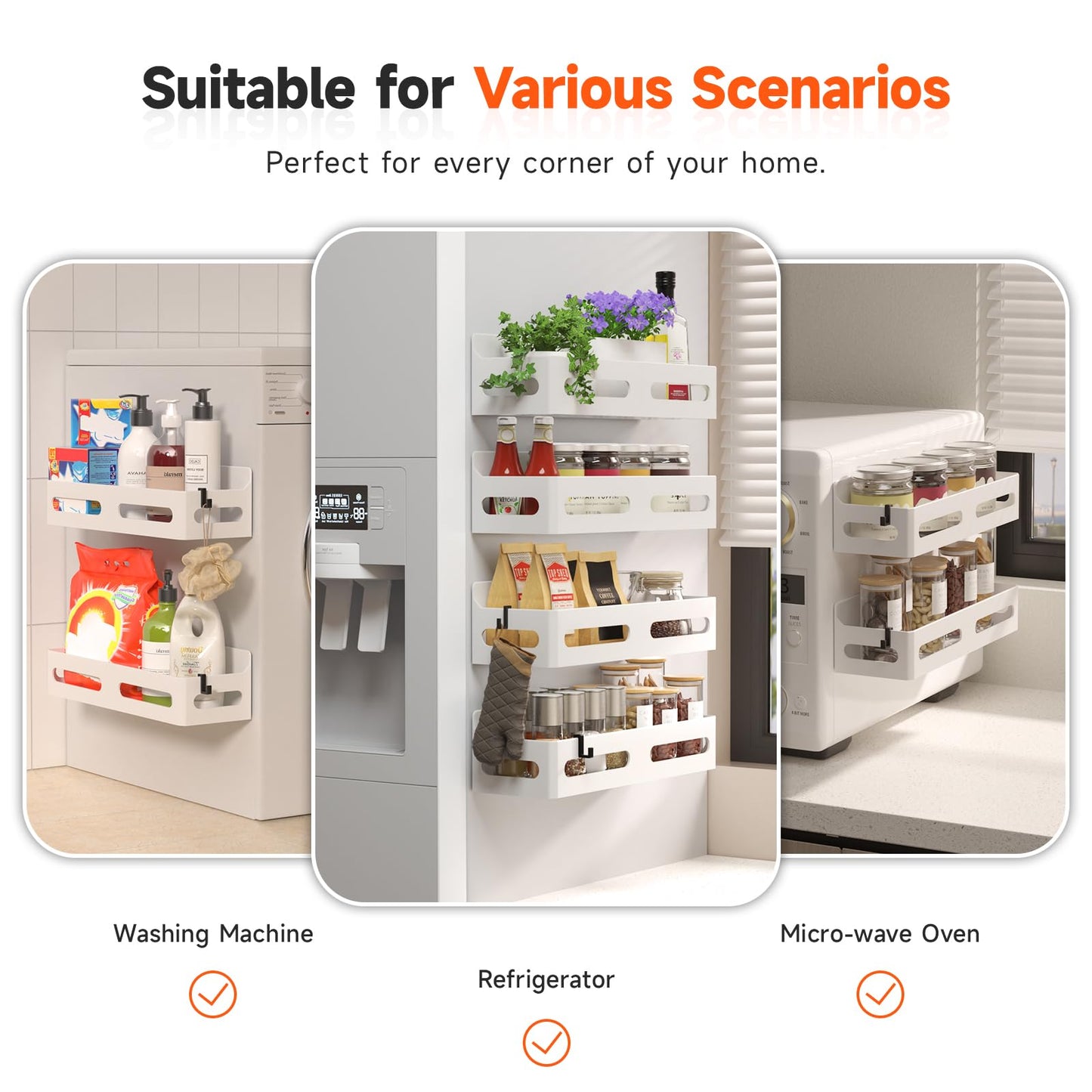 4 Pack Strong Magnetic Spice Rack for Refrigerator, Multipurpose Magnetic Shelf for Fridge with 4 Hooks for kitchen and Bathroom Organization, Black