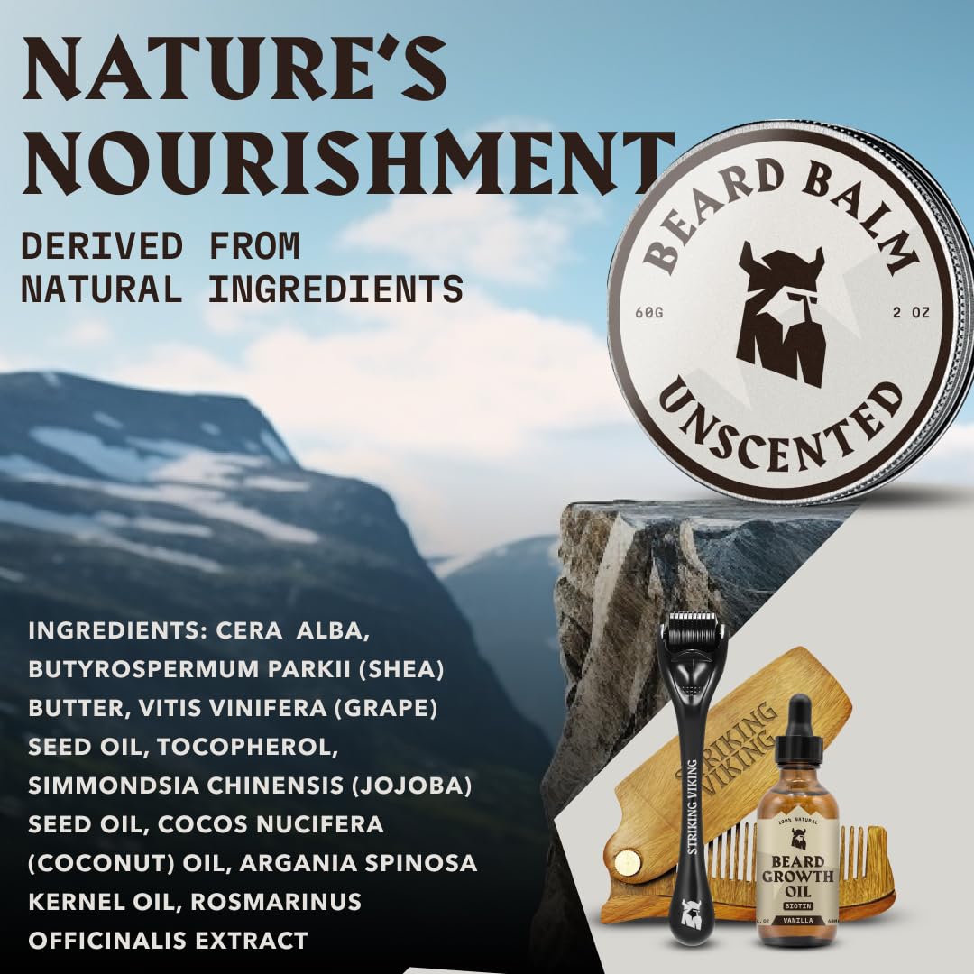 Viking Beard Balm for Men - Unscented 2 Ounces | Fragrance-Free Care & Styling with Argan & Jojoba Oils