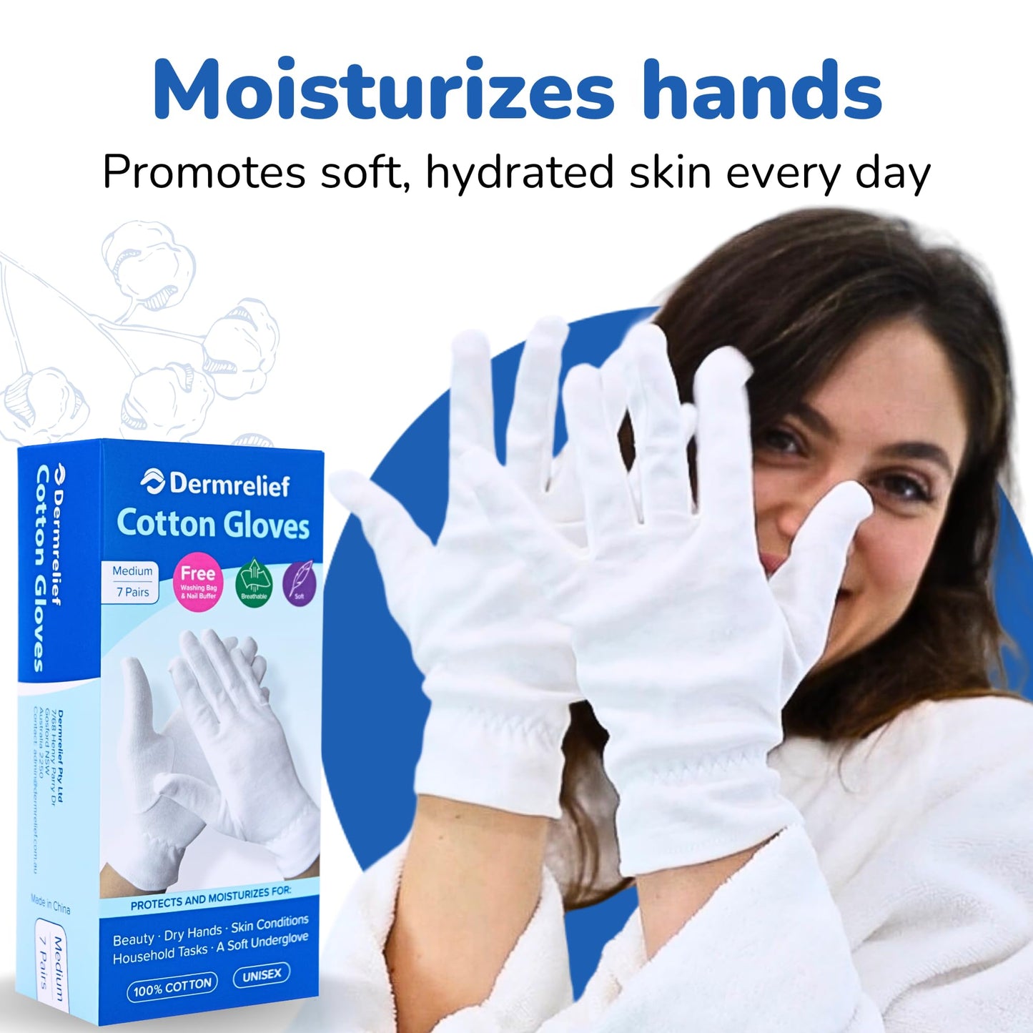 Dermrelief Cotton Gloves - for Beauty, Dry Hands, Eczema, Dermatitis and Psoriasis (7 Pairs) with Free Gifts (Professional Nail Buffer & Washing Bag) (Medium)