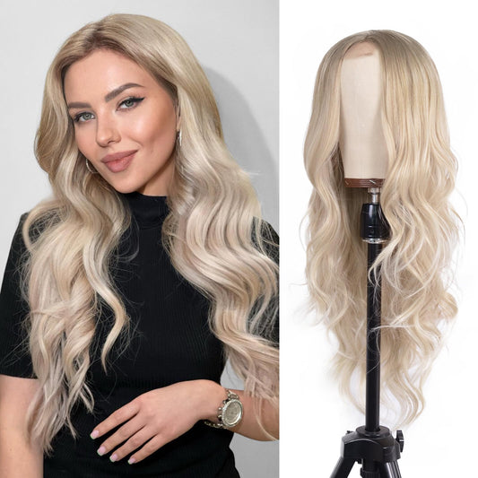 Aida ble Long Ash Blonde Wavy Wig for Women -26inch Middle Part Long Dirty Blonde Curly Wavy Wig Heat Resistant Synthetic Hair Looking Natural, Fiber Wig for Daily Party Use