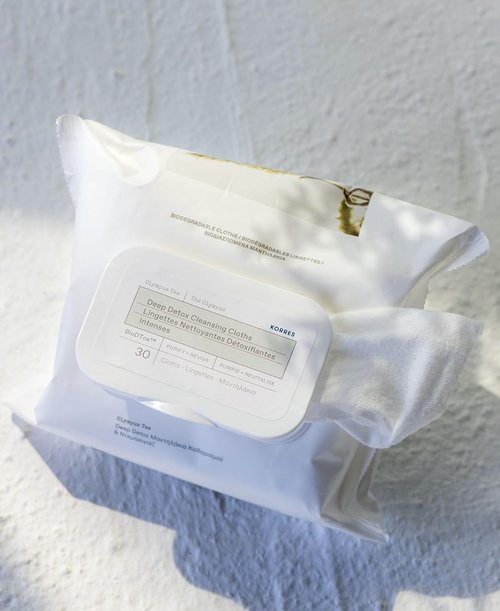 KORRES Olympus Tea Cleansing Cloths - Deep Detox Face & Makeup Remover Wipes, 30 Count