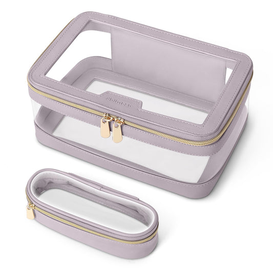 Soimeat Travel Clear Makeup Bag with Makeup Brush Bag, Leather Makeup Case Toiletry Bag, Portable Cosmetic Bag Case, Transparent Waterproof Cosmetic Organizer Storage Bag for Women, Purple