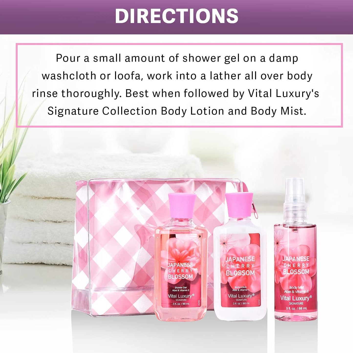 Vital Luxury Bath & Body Care Travel Set - Home Spa Set with Body Lotion, Shower Gel and Fragrance Mist, Personal Body Care Travel Set for Birthday Christmas New Year Gifts(Japanese Cherry Blossom)
