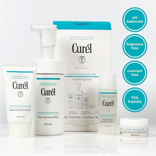 Curel Japanese Skin Care Travel Set - Face Wash, Lotion & Makeup Remover for Dry, Sensitive Skin