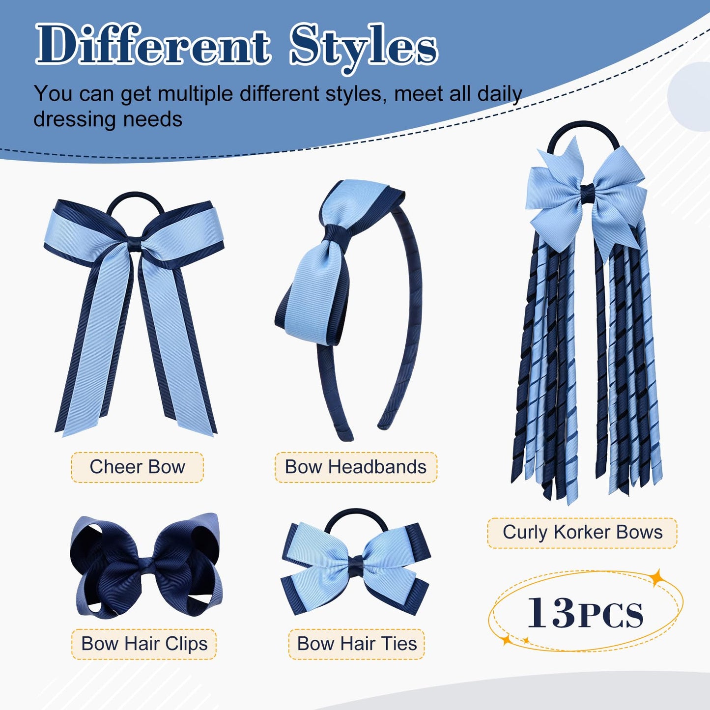 DEEKA Light Blue & Navy School Hair Accessories Set 13 Pcs Uniform Hair Bow Headband Clips Hair Ties Curly Korker Bows for Little Toddler School Girls (Light Blue&Navy)