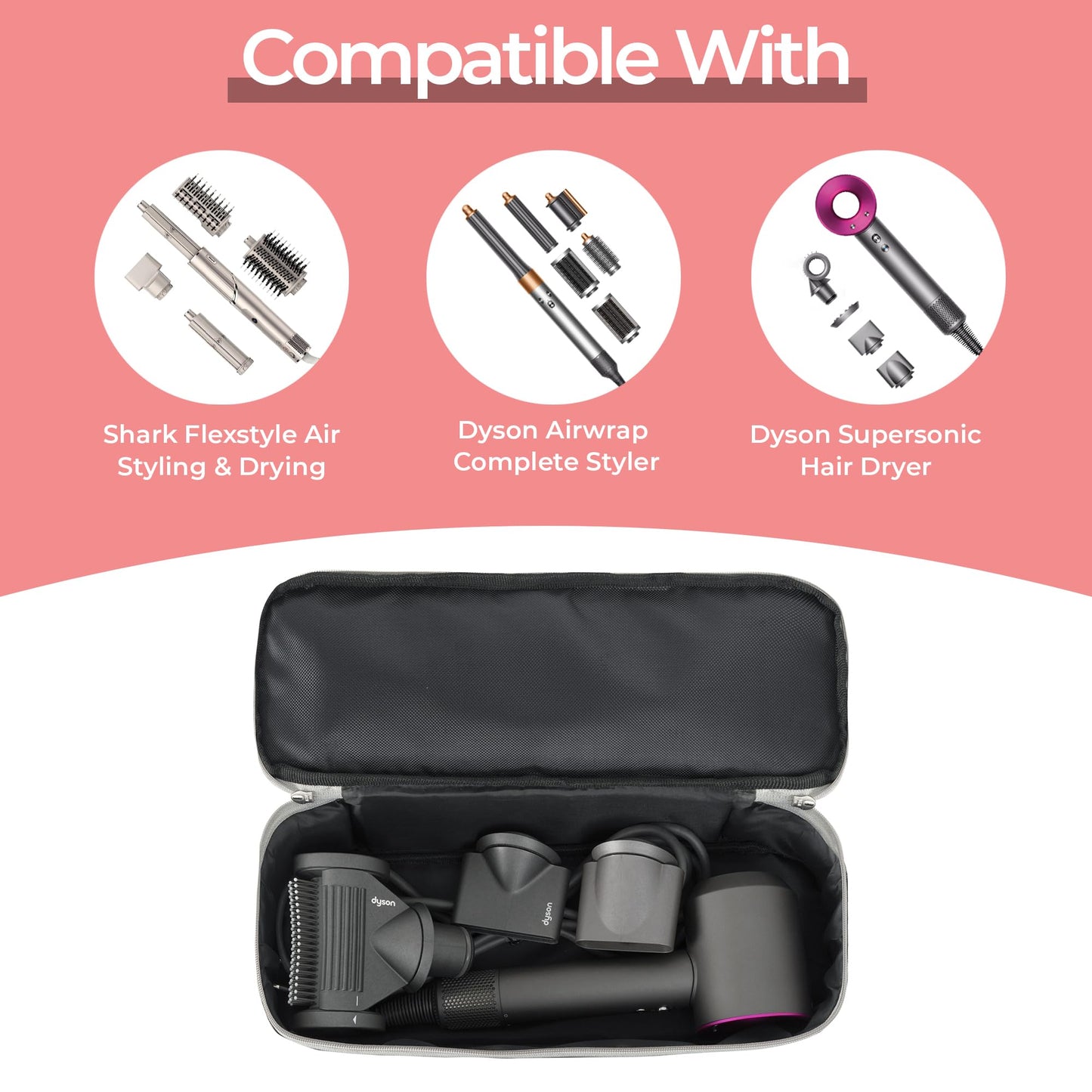 GREENESTA Hair Tools Travel Bag Compatible With Shark Flex Style Attachment, Shark Airwrap Flexstyle, Dyson Airwrap | Travel Case For Sharkflex Styler | Beauty Hair Dryer Attachments Storage (Pink)