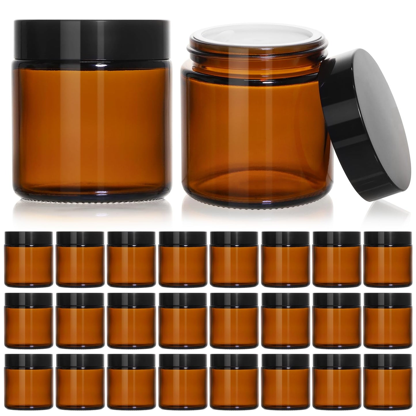 KEYWING 4oz Small Glass Jars with Black Lids, 24 Pack Amber Empty Cosmetic Containers Round Glass Jar with Inner Liners for Lotions, Powders and Ointments