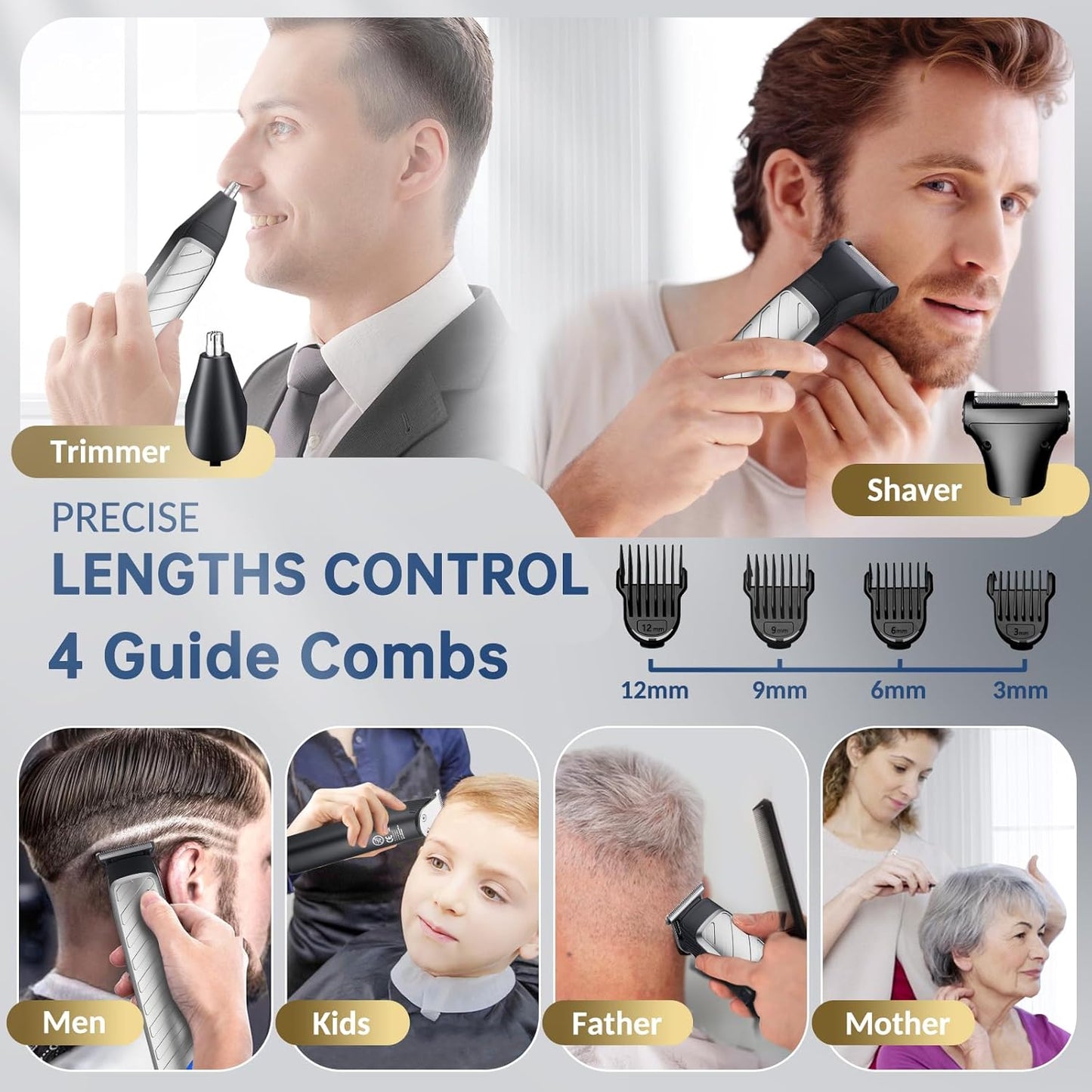 Skiennix Cordless Hair & Beard Trimmer - 3-in-1 Grooming Kit with Stainless Steel Heads | 120 Minutes Runtime