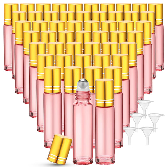 Sumind 150 Pcs Essential Oil Roller Bottles 10 ml Glass Empty Roll on Bottles with Stainless Steel Balls Leak Proof with 5 Funnel for Travel Essential Oil(Pink)