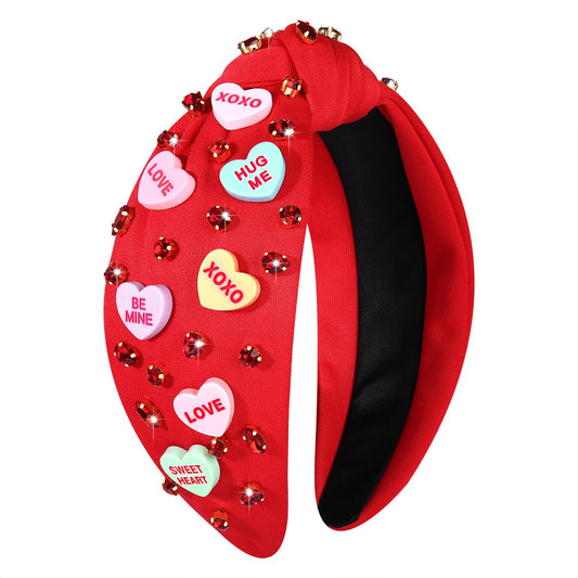 NVENF Women's Jeweled Crystal Rhinestone Knotted Heart Top Knot Hair Accessories (Letter 1 - Red)