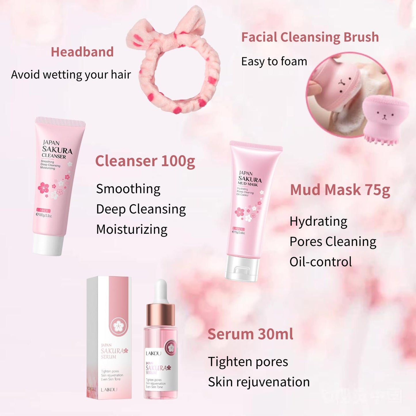 Japan Sakura Skincare Set - 8 Pcs Teenage Skin Care Set - Skin Care for Teens 10-12 - Skincare for Girls 10-12 - Teen Skin Care Kit with Sleeping Face Mask,Cleanser,Face Cream,Headband