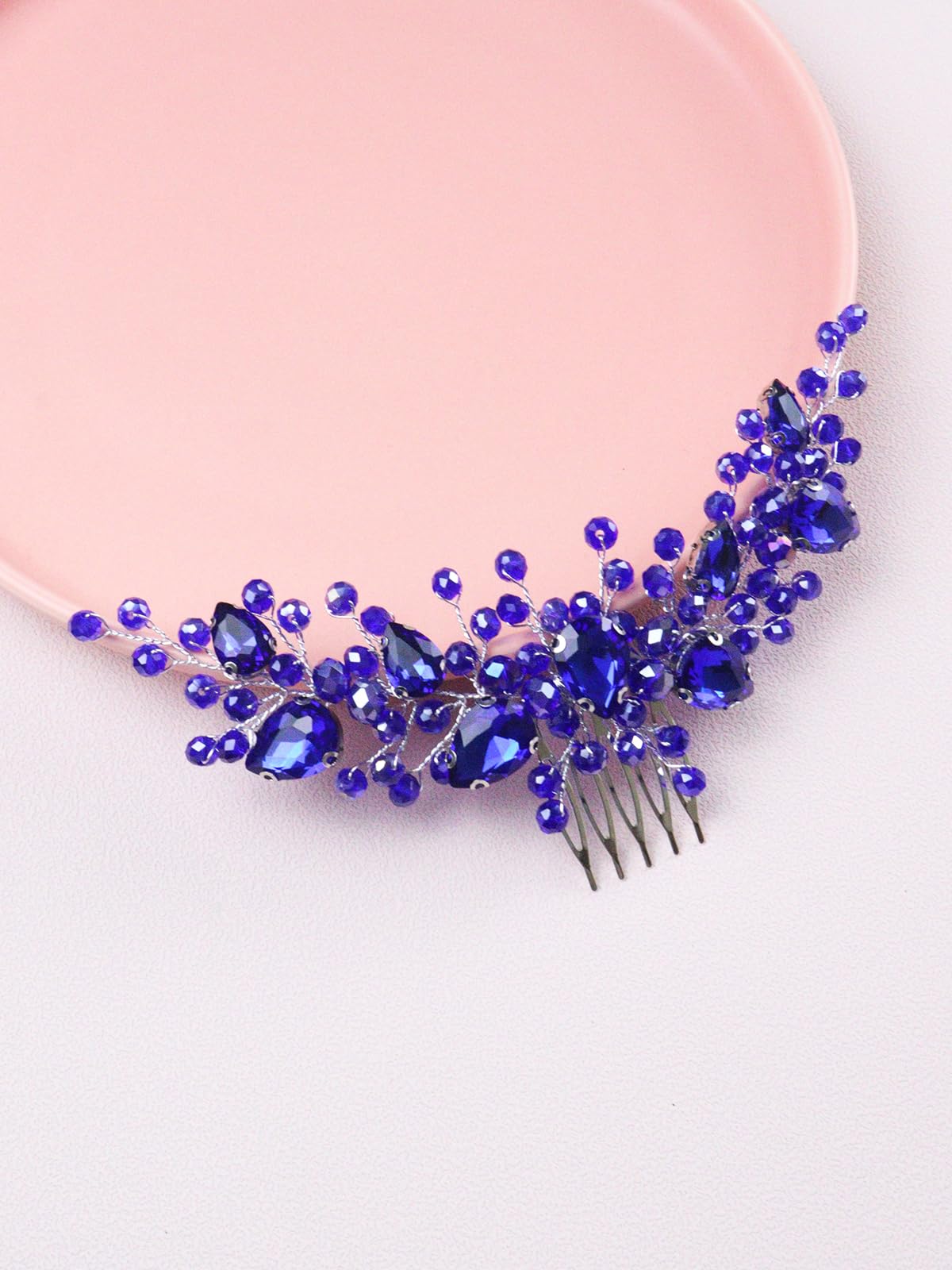 Brihasory Bride Wedding Hair Comb Rhinestone Bridal Hair Accessories Flower Hair Piece Party Prom Valentine Day Side Comb Crystal Hair Clips for Women and Girls Hair Decoration(Blue)