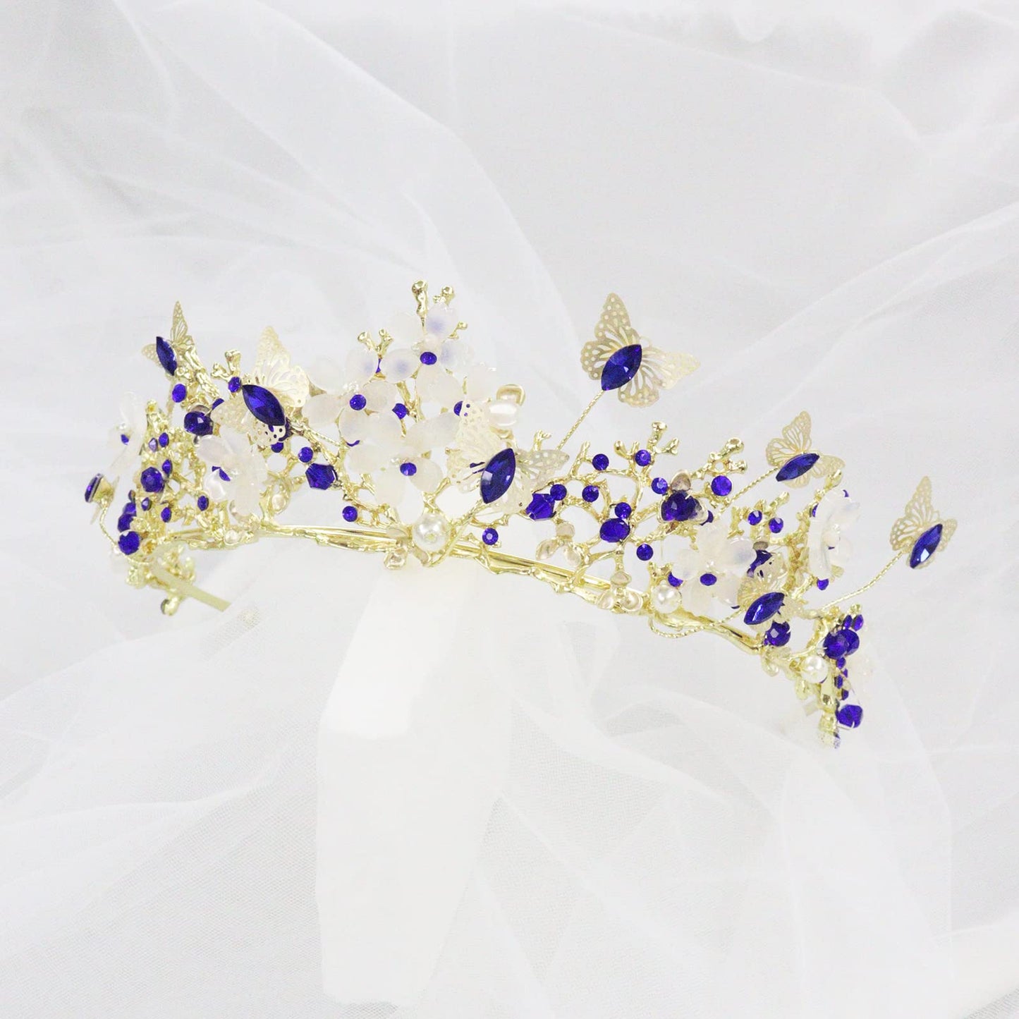 Brihasory Butterfly Queen Birthday Crowns Gold Tiaras for Bride, Crystal Royal Princess Wedding Rhinestone Headband, Costmue Party Christmas Halloween Black Prom Headpiece for Women and Girls (Blue)