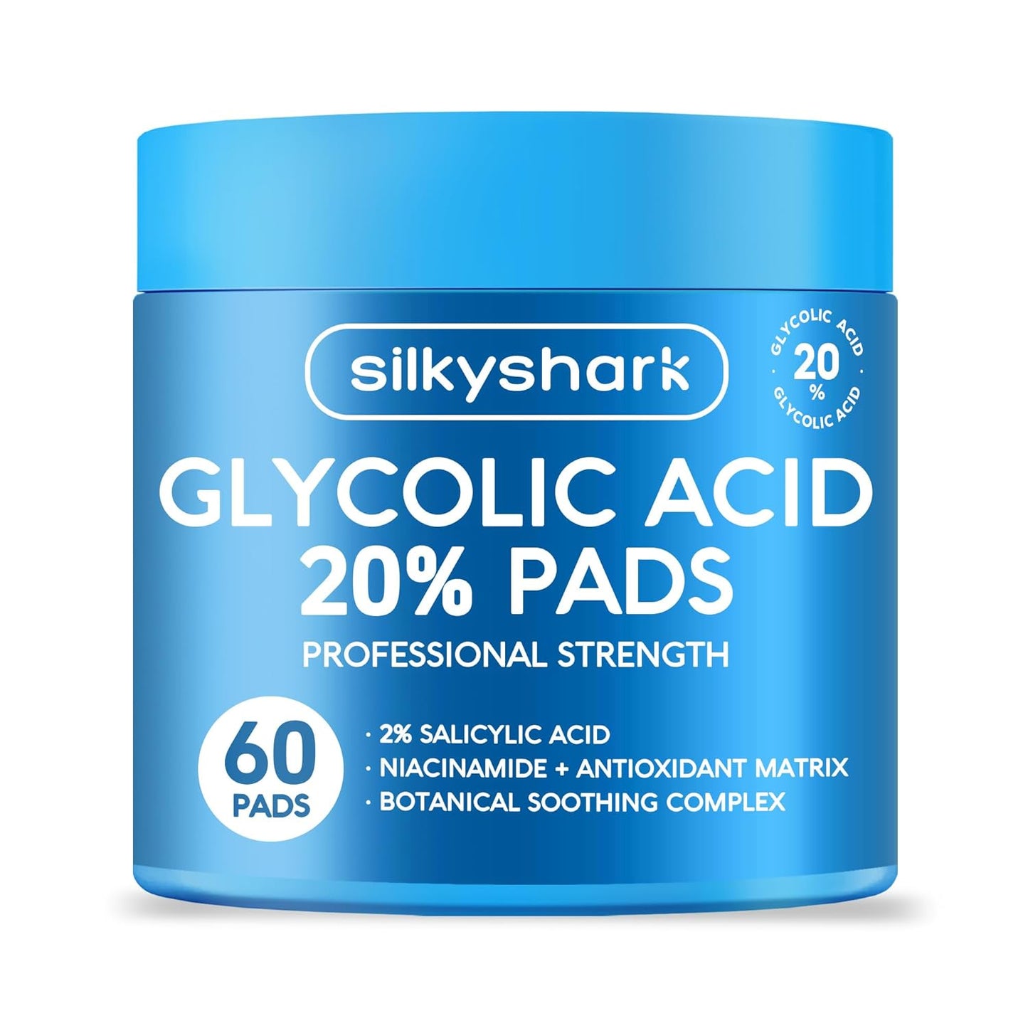 SilkyShark Glycolic Acid 20% Resurfacing Pads - Exfoliating Peel Pads with Salicylic Acid & Vitamins B, C, E | 60 Count