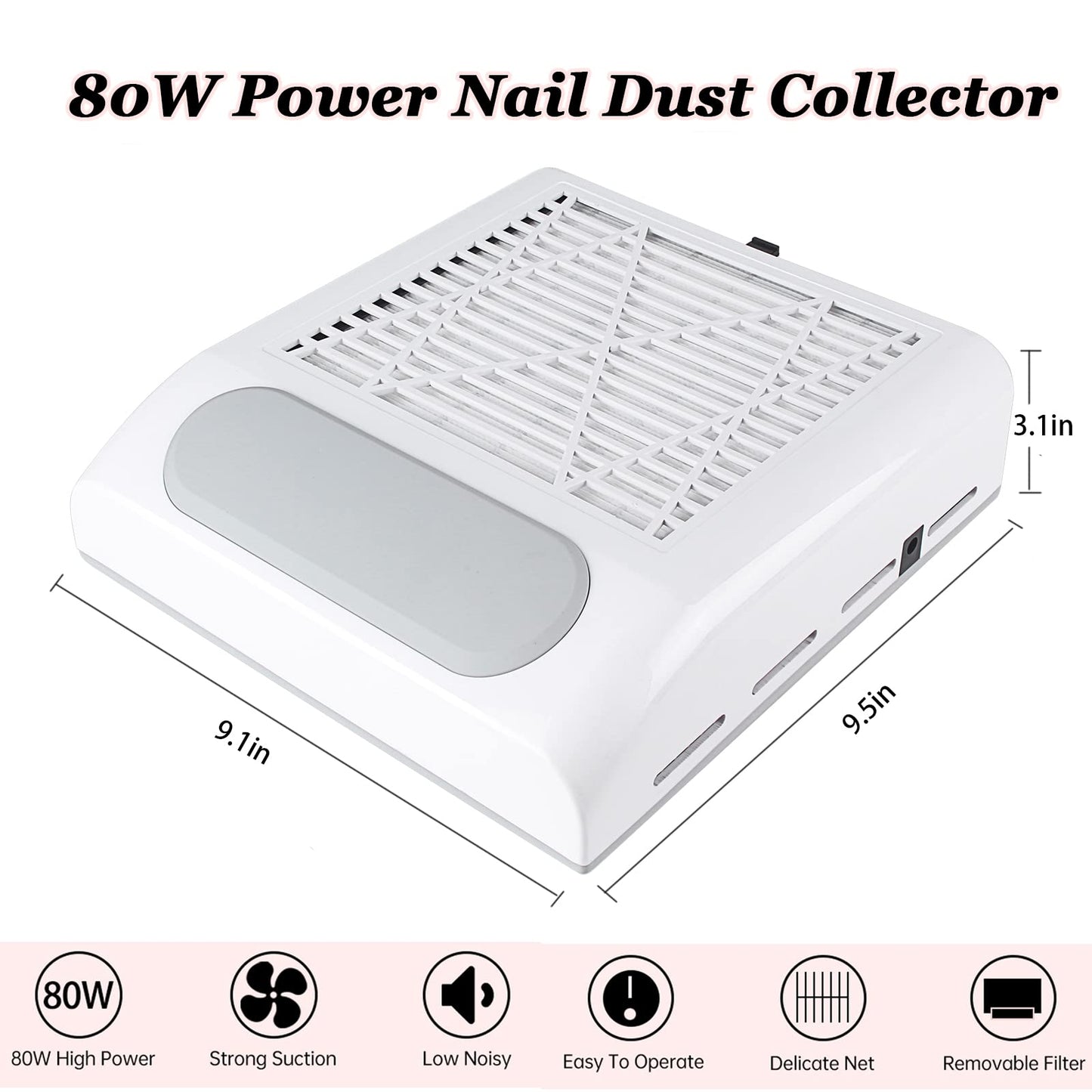 Nail Dust Collector Vacuum, AREMOD 80W Adjustable Power Suction Nail Vacuum Cleaner Fan Reusable Filter Nail Dust Cleaner Machine for Acrylic Nails Manicure Extension Nails(White)