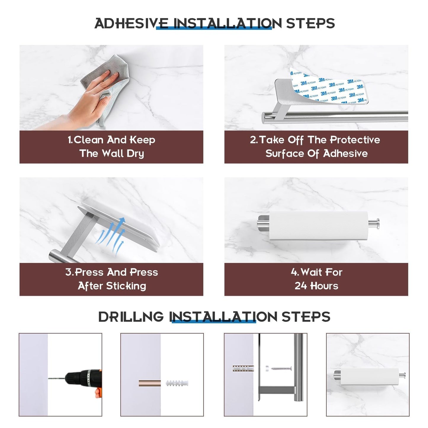 ASTOFLI Paper Towel Holder Under Cabinet No Drilling, Self Adhesive Paper Towel Holder Wall Mount for Kitchen Rack, Under Counter Napin Holder No Drill, 304 Stainless Steel Matte Black