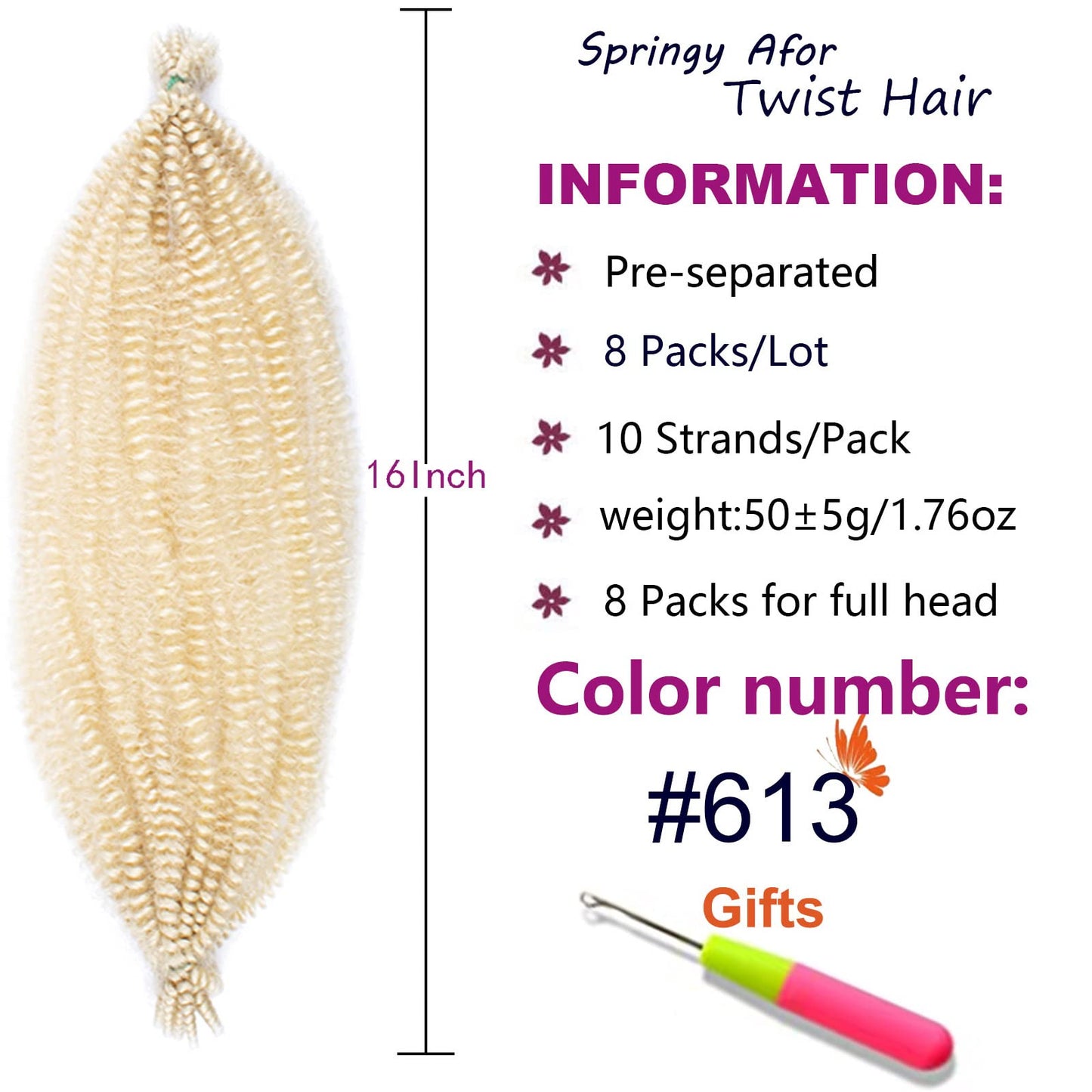 ZRQ 8 Packs Pre-Separated Springy Afro Twist Hair For Distressed Soft Locs Blond Marley Crochet Braiding Hair 16 Inch Synthetic Spring Twist Hair Extension For Women 8 Strands/Pack (613#)