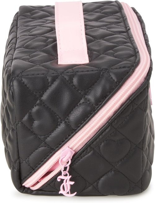 Juicy Couture Black Makeup Bag - Quilted Faux Leather Cosmetics Organizer for Travel Essentials