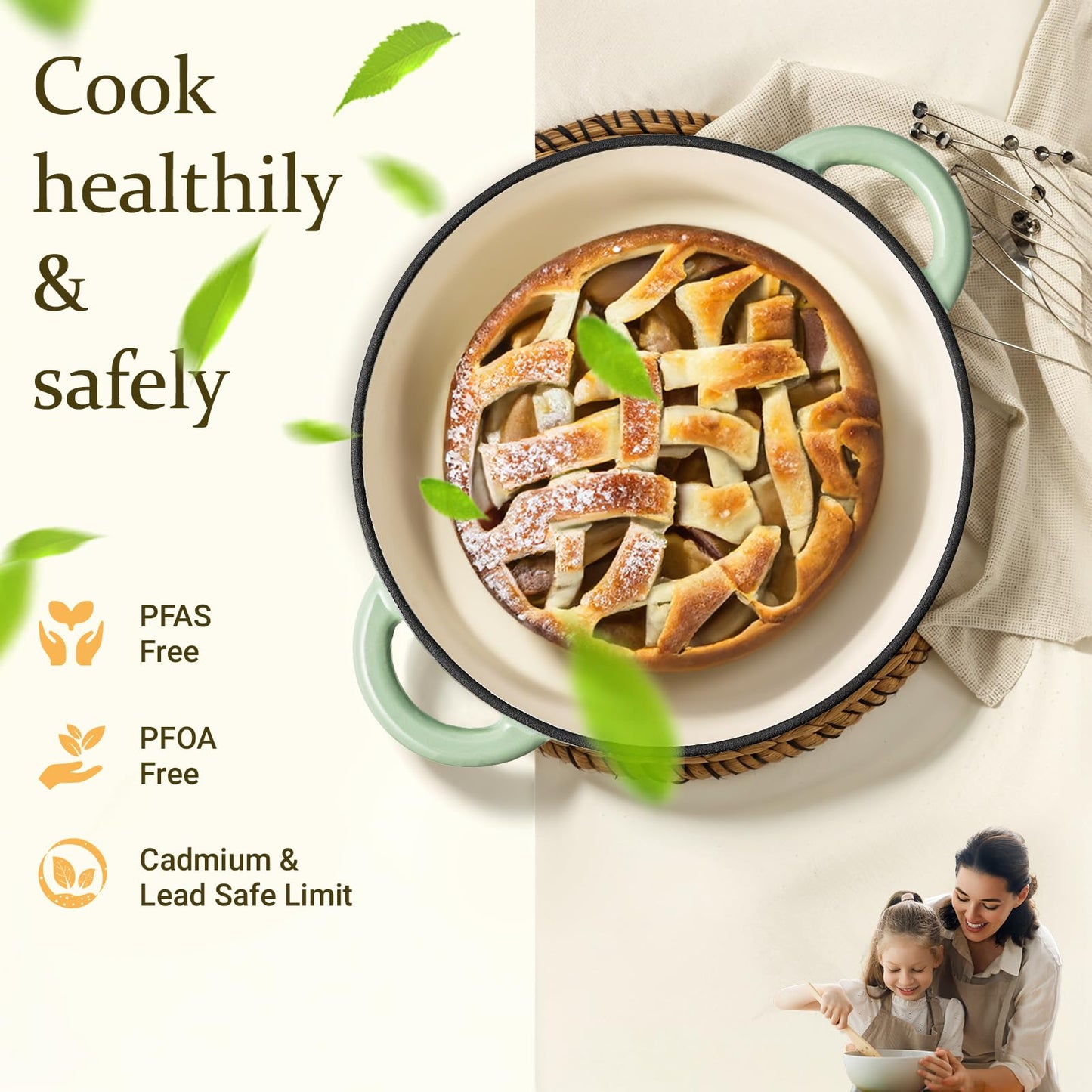 Overmont Enameled Cast Iron Dutch Oven - 4.5QT Pot with Lid Cookbook & Cotton Potholders - Heavy-Duty Cookware for Braising, Stews, Roasting, Bread Baking bottle green