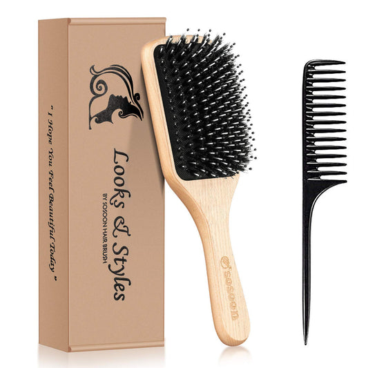 Sosoon Boar Bristle Paddle Hairbrush - Tangle-Free Styling for All Hair Types | Gift Box & Tail Comb Included