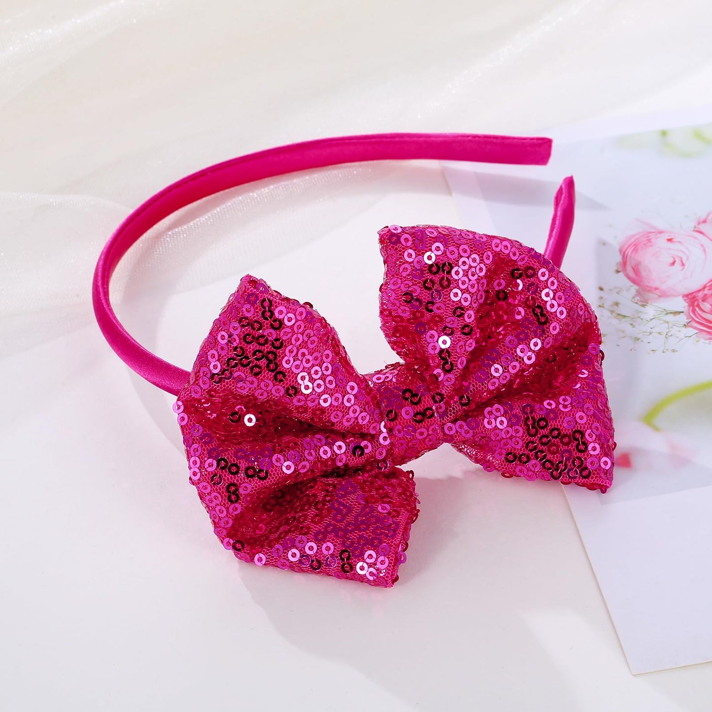 Kiszu Sparkly Sequin Hair Bow Headbands Fashion Glitter Cute Boutique Ribbon Bows for Girls, Kids, and Women (Light Purple,Hot Pink)