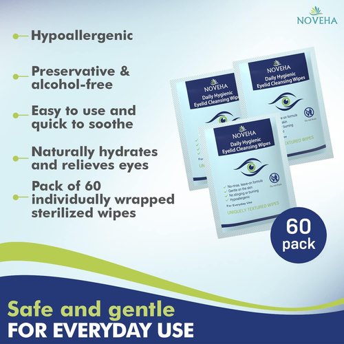 NOVEHA Daily Eyelid & Lash Wipes - 60 Individually Wrapped Refreshing Wipes for Blepharitis & Itchy Eyes