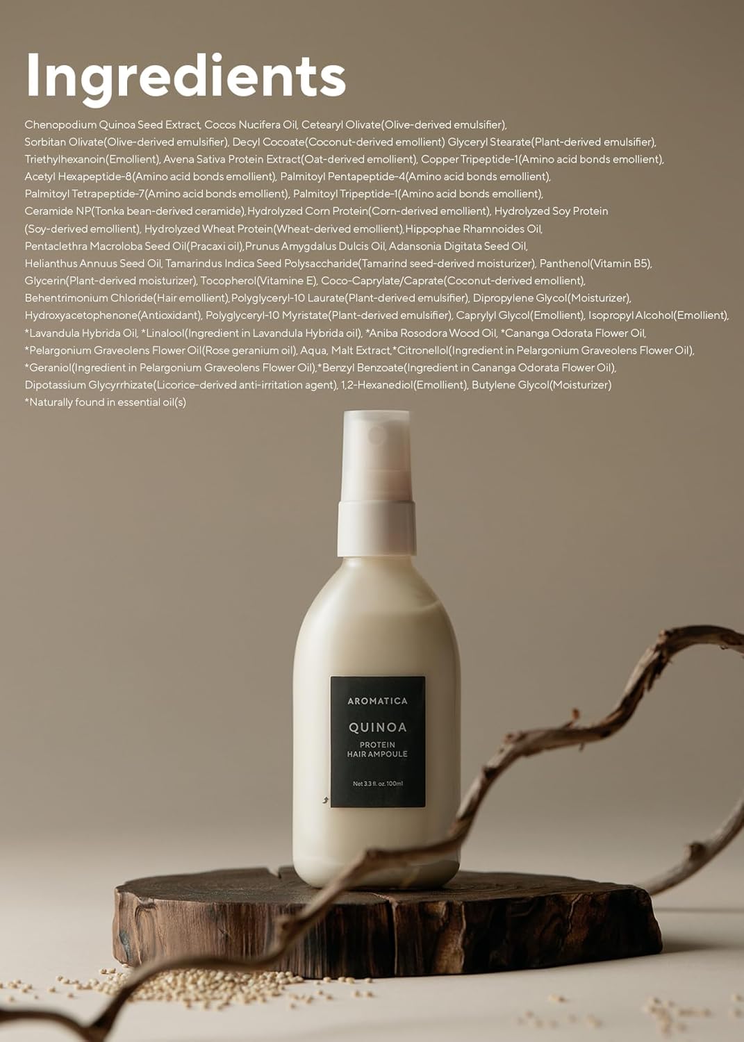 AROMATICA Quinoa Protein Hair Ampoule 3.38 fl. Oz - Vegan Hair Serum for Silky, Nourished Hair | Silicone-Free Formula