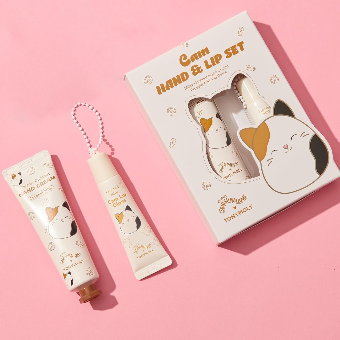 TONYMOLY Cam the Cat 2-Piece Skincare Set - Coconut Milk Hand Cream & Frosted Milk Lip Gloss | Cute Gift for Women & Teens