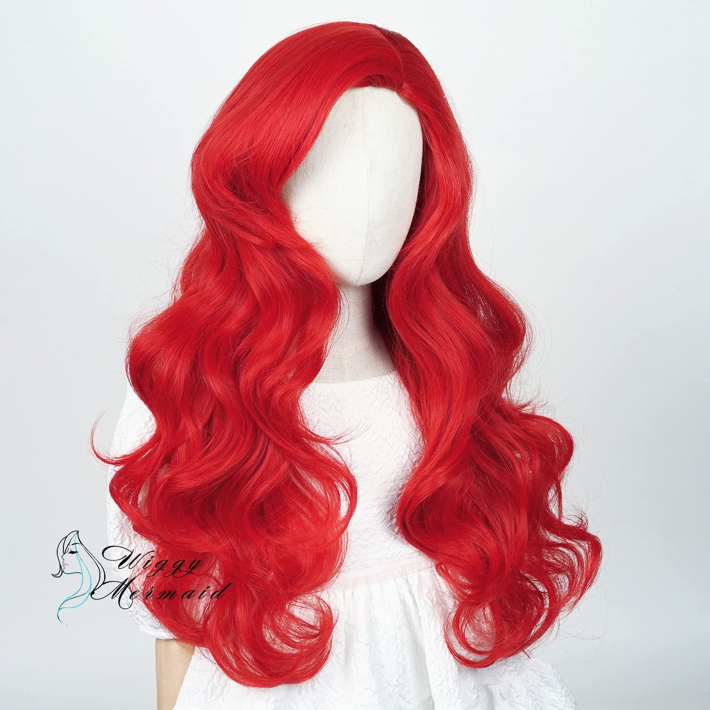 Wiggy Mermaid Wig + Starfish Hairpin Kids Red Long Curly Wavy Cosplay Wigs with Bangs Halloween Party Costume Heat Resistant Wig + Wig Cap