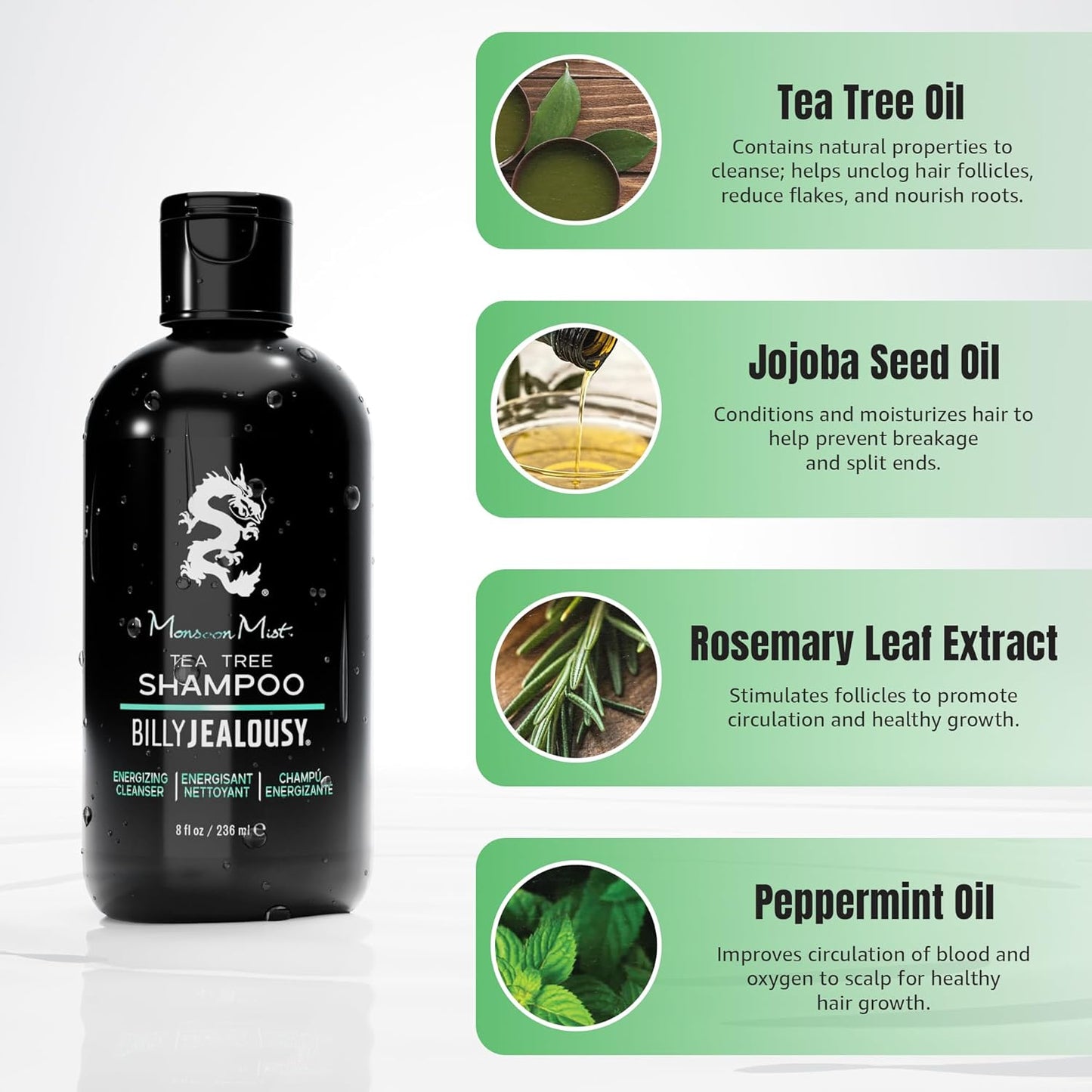 Billy Jealousy Monsoon Mist Shampoo - Energizing Tea Tree Formula with Peppermint & Rosemary, 8 Oz.