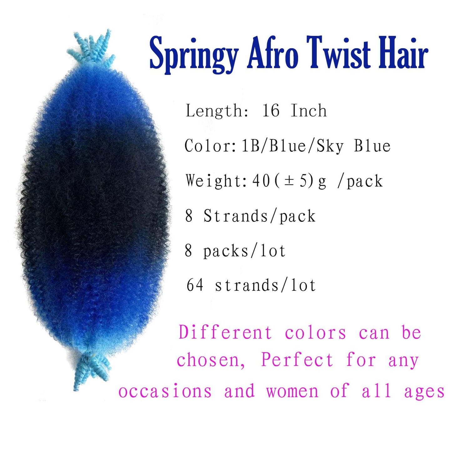 Ombre Blue Marley Twist Braiding hair 16 Inch Springy Afro Twist Hair Pre Separated Kinky Twist Hair Wrapping Hair for Soft Locs, 3 Tones Black Blue Sky Blue Marley Hair,Kinky Twist Hair for Braiding