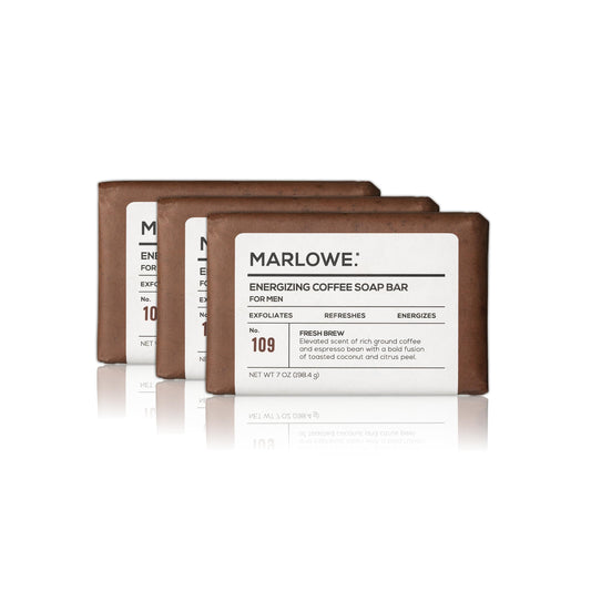 MARLOWE. No. 109 Coffee Bar Soap 7 oz (3 Bars), Body Scrub Soap for Men, Refreshing, Energizing & Exfoliating Soap with Natural Extract, Caffeine, Coffee Bean & Cocoa Butter, Fresh Brewed Coffee Scent