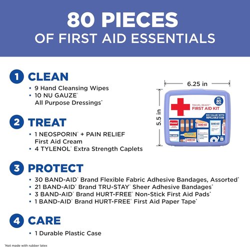 BAND-AID Brand Portable Emergency First Aid Kit - 80 Pieces for Home, Travel & Outdoor Use