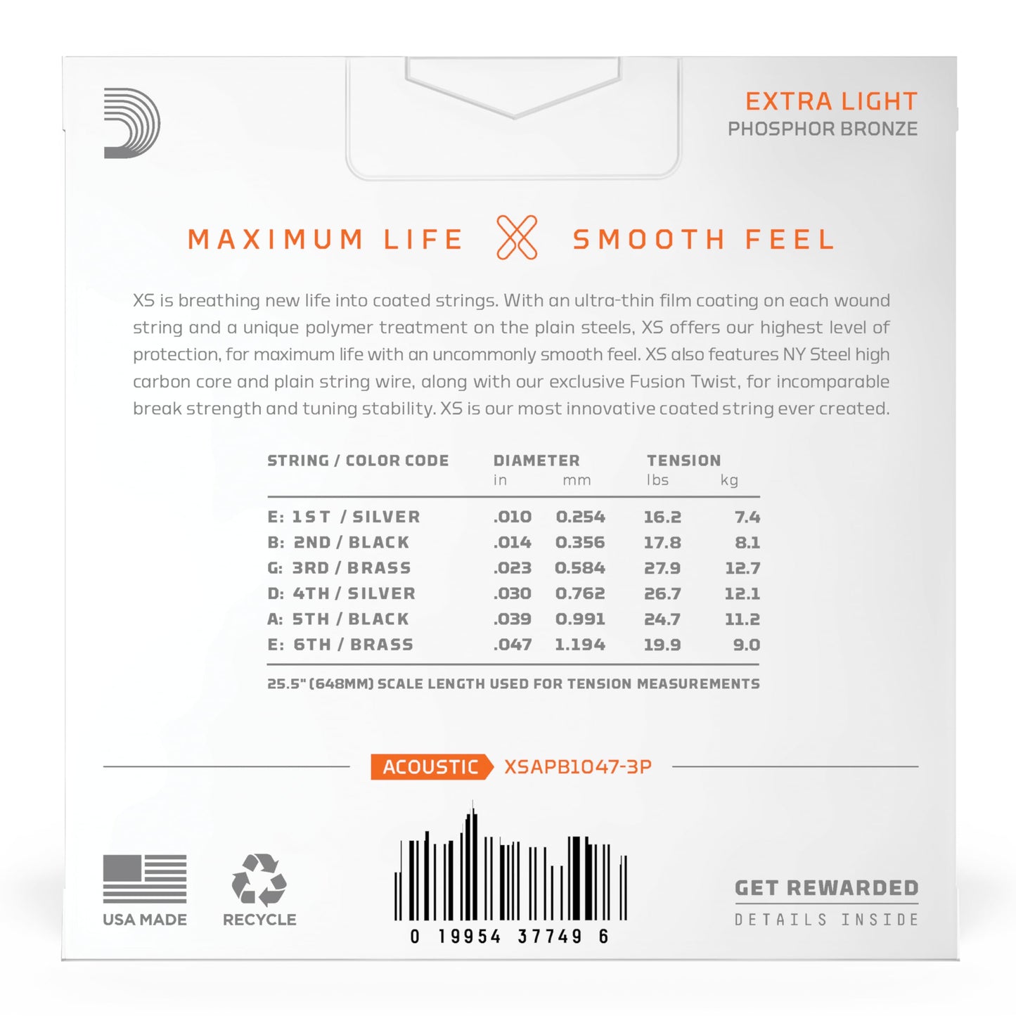 D'Addario Acoustic Guitar Strings, XS Phosphor Bronze Coated, XSAPB1256, Light Top/Medium Bottom Gauge 12-56, 6-String Set, Pack of 1