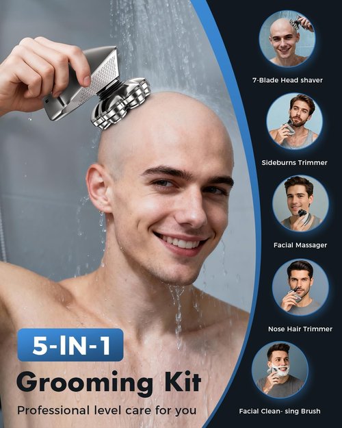 **7D Electric Head Shaver - 5-in-1 Pro Grooming Kit for Men | Waterproof, Type-C Charge, Travel-Ready**