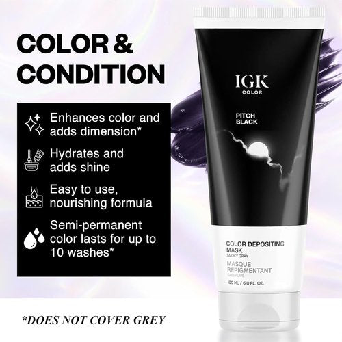 IGK Pitch Black Hair Mask - Smoky Gray Semi-Permanent Color Conditioner & Gloss Toner | Hydrating Shine + Color Refresh | Vegan & Cruelty-Free | 6 oz