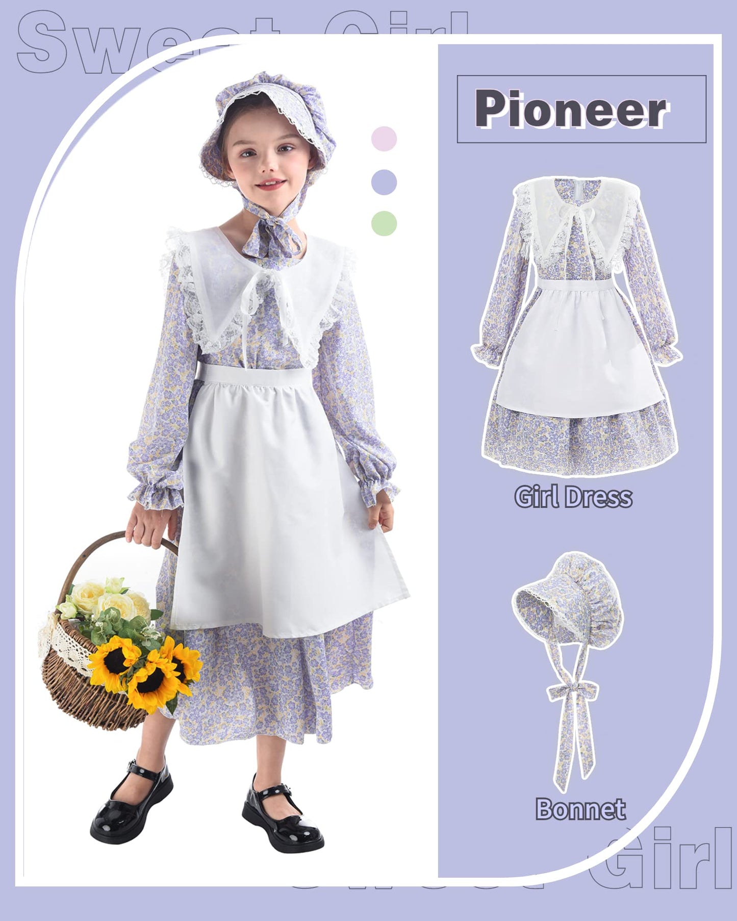 NSPSTT Colonial Costume Girls Prairie Dress Long Sleeve Pioneer Dresses for Girls Pioneer Bonnets Girl, Blue, XXL age over 4 years old