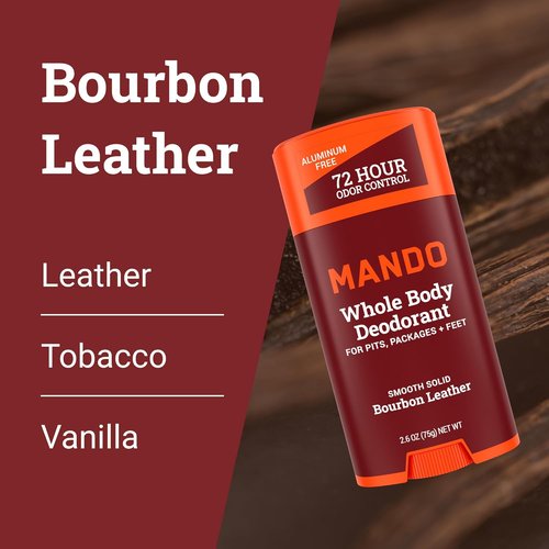 Mando Whole Body Deodorant For Men - 72-Hour Odor Control - Aluminum & Baking Soda Free - Bourbon Leather - 2.6 Ounce (Pack of 2)