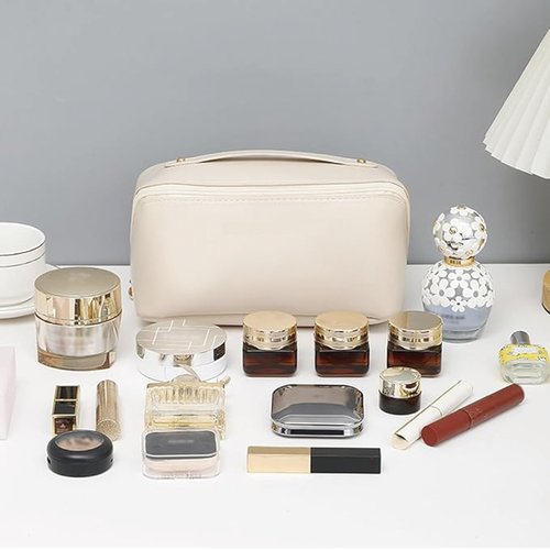 Travel Makeup Bag,Large Capacity Cosmetic Bags for Women,Waterproof Portable Pouch Open Flat Toiletry Bag Make up Organizer with Divider and Handle,PU Leather Gifts for Women Mom-K6202 (Brown)