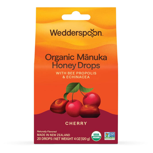 Wedderspoon Organic Manuka Honey Drops - Cherry Flavor with Bee Propolis & Echinacea | 20 Count, USDA Organic