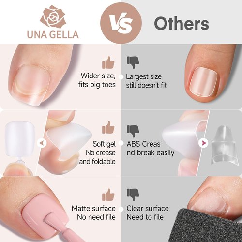 UNA GELLA Toe Nail Tips 312 Pcs Square Round Full Cover Fake Toe Nails Press On Clear 15 Sizes Pre-shape Soft Gel Toe Nail Tips Double Matte Acrylic Toenails for Nail Extensions DIY Home Nail Salon