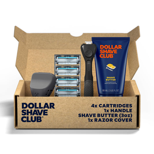 Dollar Shave Club | The Member Exclusive Shave Set | 4 Swift Rinse Refill Cartridges, 1 Handle (Black), 1 Shave Butter 3 ounce, 1 Razor Cover