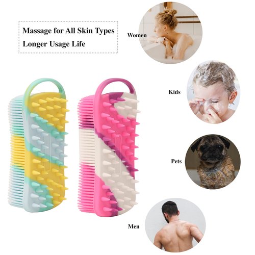 2 PC Silicone Exfoliating Body Scrubber, 2 in 1 Silicone Body Shampoo Brush, Soft Silicone Loofah for Sensitive Skin, Shower Silicone Hair Scalp Massager, Easy to Clean, Lather Well (Purple&Yellow)