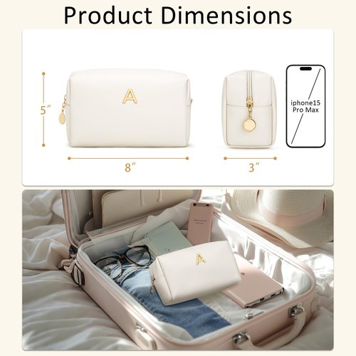CLOUDWINGS Gifts for Women Bridesmaid Gifts Personalized Initial Makeup Bag PU Leather Cosmetic Waterproof Travel Toiletry Bag (Beige A)