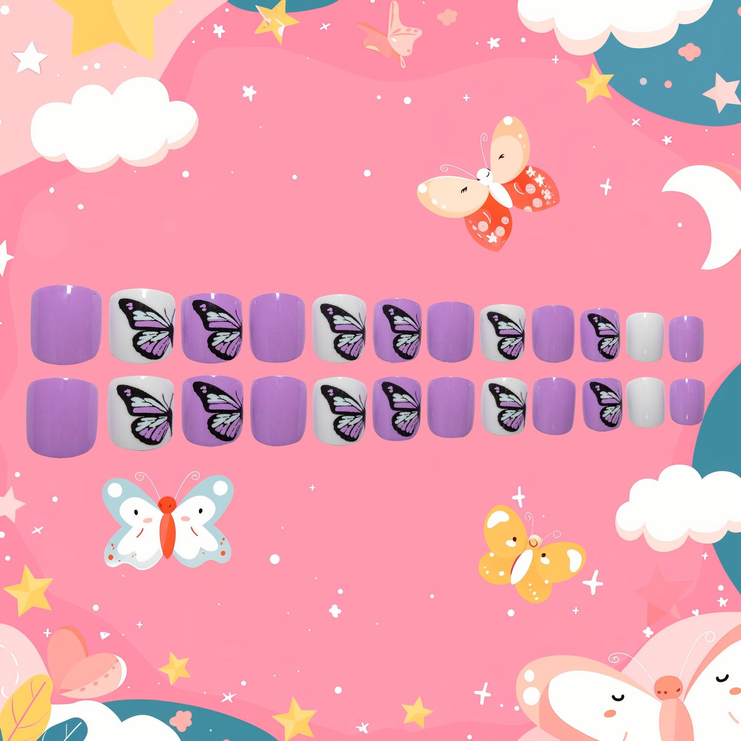 Kawyehu Kids Press on Nails Children Fake Nails Artificial Nail Tips Adhesive Full Cover Short False Fingernails for Girls Kids Nail Decoration (Purple Butterfly)