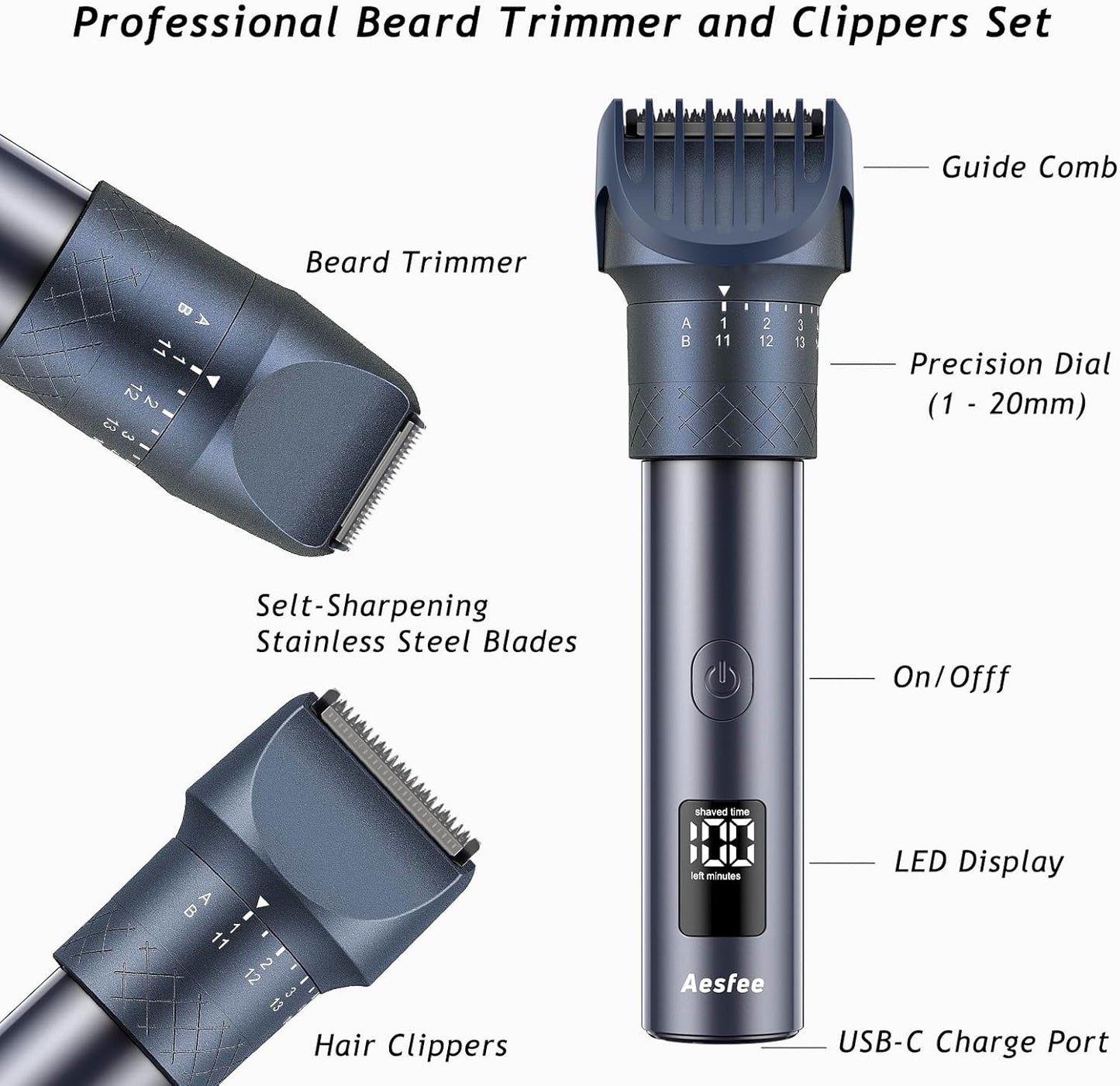 Skiennix Beard Trimmer - Professional 5-in-1 Hair Clippers with 20 Length Settings | IPX7 Waterproof, USB-C Rechargeable