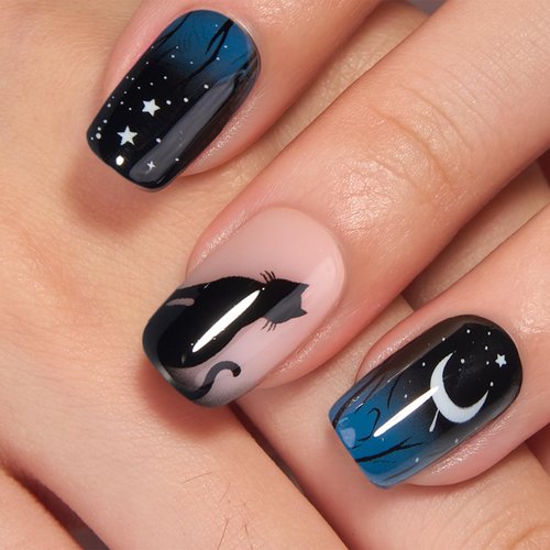 Curvlife Press on Nails Acrylic Fake Nails with Night Medium Square Design Full Cover False Nails for Women Reusable Nail Kit with Nail Glue Adhesive Tabs